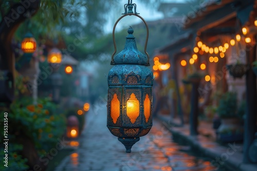Muslim Holy Month Ramadan Kareem - Hias Arab Lantern Dengan Burning Candle Glowing At Evening