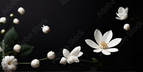 A beautiful arrangement of white Lilly flowers an green levees on a contrasting black background ai generative photo