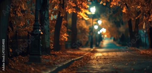 Tranquil Autumn Evening on a Lit Street