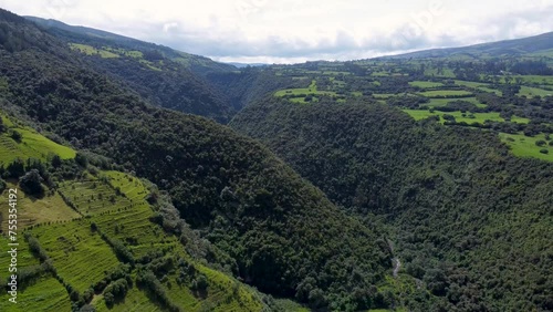 downhill film clip of a canyon with lush green meadows against the backdrop of the Rumiñahui volcano, Puichig, Parish of Machachi, Province of Pichincha, Ecuador