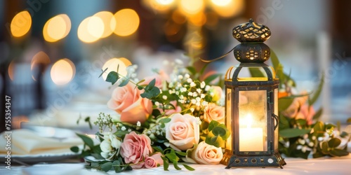 a fairytale floral lantern centerpiece. The lantern is small. The Floral should be weeping all over onto the table.
