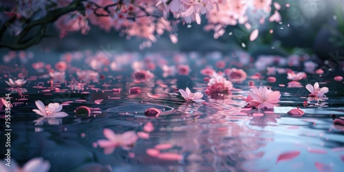 A tranquil pond surrounded by cherry blossoms, their petals gently floating on the water's surface. 