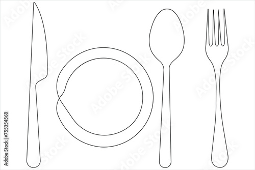 Continuous single line art drawing of food tools for plate, knife, spoon and fork vector illustration
