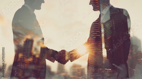 Multiple exposure shot of businesspeople shaking hands over city Building