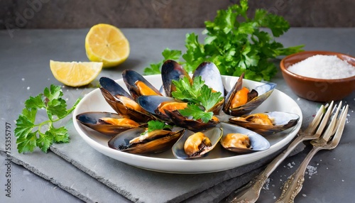 mussels on a plate with a fork, Delicious seafood mussels with sauce and fresh parsley. Traditional Spanish dish. Mediterranean diet, healthy food