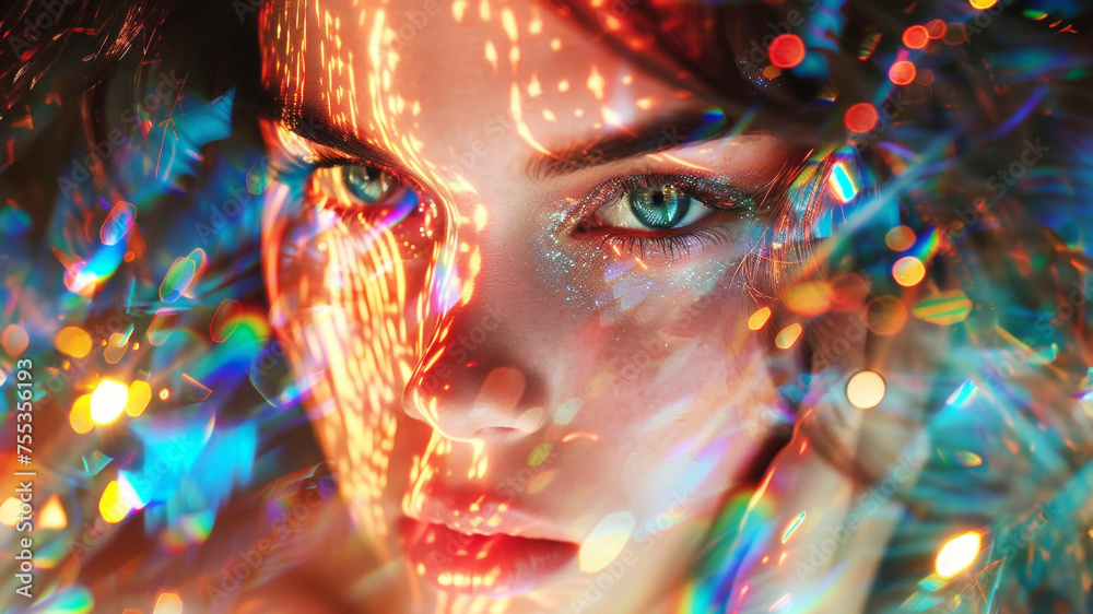 Fototapeta premium Neon aesthetic portrait of woman. Magic universe.