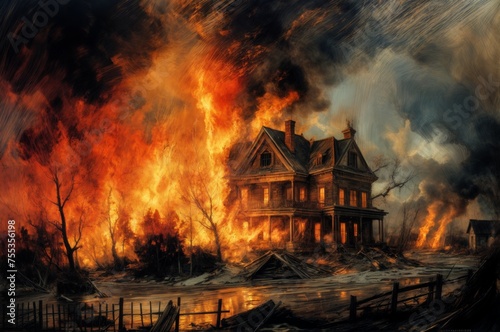 Burning house in the village. Burning house. Illustration.