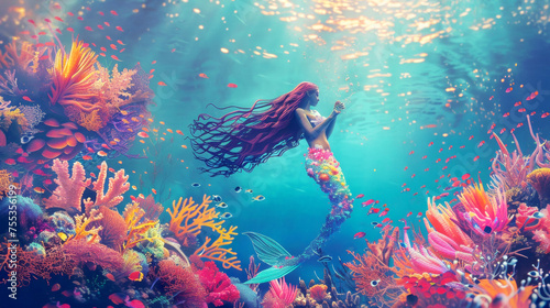 Illustration of  mermaid underwater. Fairy tale concept.