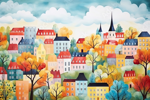 Paper town on a hill  . Cozy and colorful illustration. Cute scandinavian houses. Nordic arhitecture