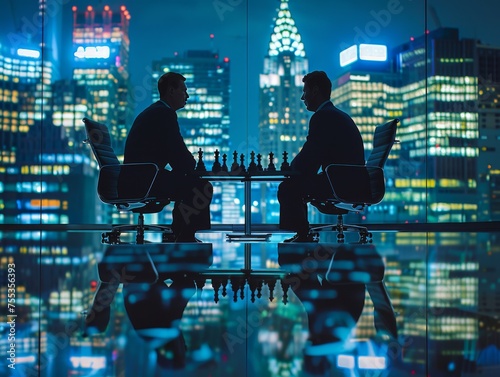Silhouettes of two businessmen playing chess in a modern office overlooking a nighttime cityscape.