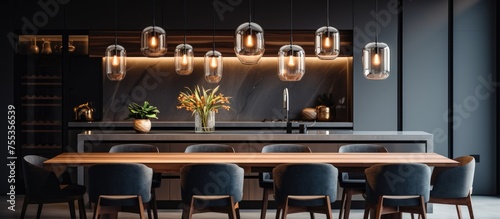 In a modern dining room, a large wooden table is surrounded by blue chairs. The chairs and table are neatly arranged, creating a harmonious dining space. A pendant light hangs from the ceiling, adding