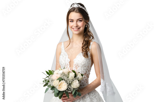 A beautiful young bride stands majestically wearing a luxurious wedding gown holding a bouquet of flowers isolated on a transparent background photo
