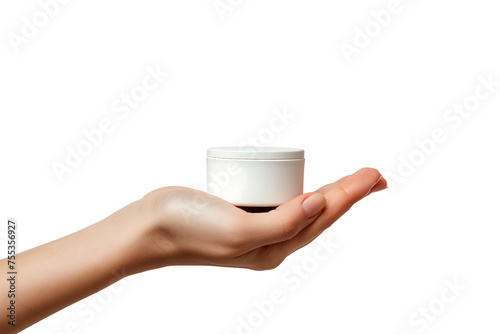manicured hand is holding a skincare products isolated on a transparent background