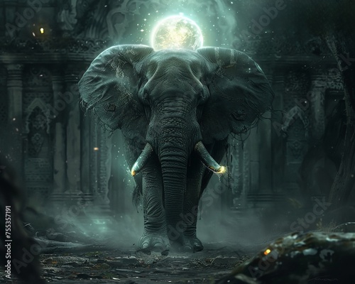 An elephant with a glowing orb in place of its tusks