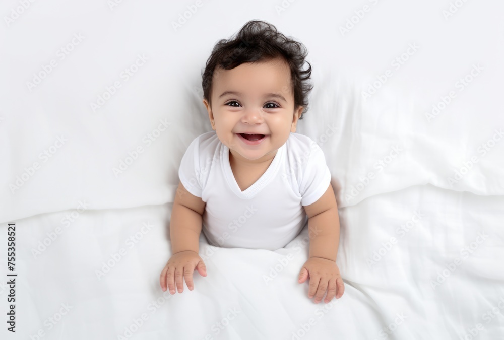 Adorable baby smiling while sitting on a bed, Fictional Character Created By Generated AI. Adorable baby smiling while sitting on a bed, Fictional Character Created By Generated AI.