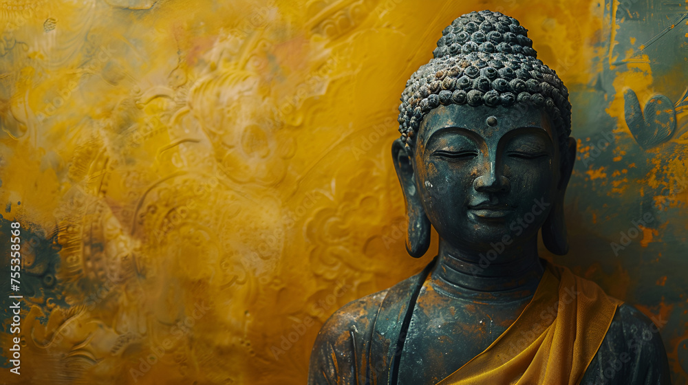 Buddha Statue with Yellow Background, Buddha Statue with Copy Space, Generative AI