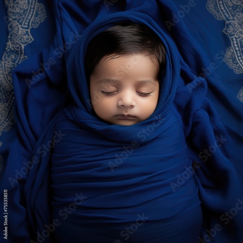 A baby wrapped in a blue blanket, possibly a swaddle, sleeping peacefully, Fictional Character Created By Generated AI.