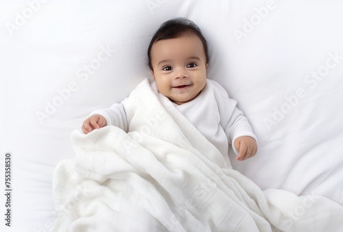 Adorable Baby Lying in Bed, Smiling at the Camera, Fictional Character Created By Generated AI. photo