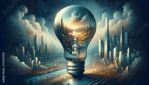 A giant light bulb on a futuristic cityscape showcasing sustainable energy and green city concepts. photo