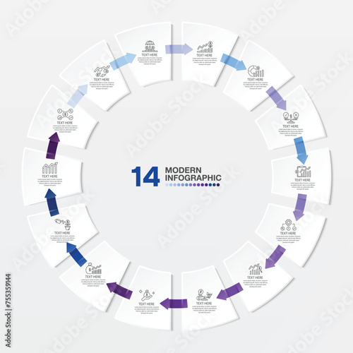 Blue tone circle infographic with 14 steps, process or options.