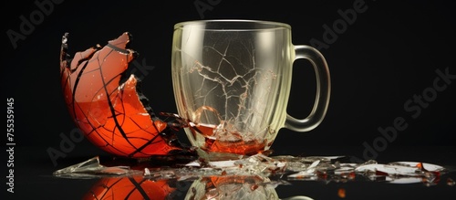 A broken glass cup is seen sitting on top of a table, shattered into pieces. The shards of glass reflect light as they scatter around the table surface. © TheWaterMeloonProjec