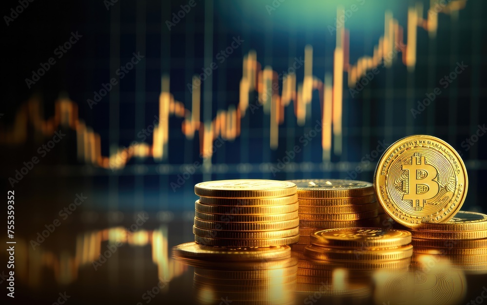 Digital stock market graph, with bitcoin coins and financial charts in the background.