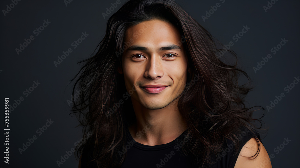 Elegant handsome smiling young Asian man with long hair, on grey, banner, copy space, portrait.