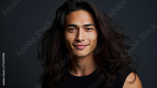 Elegant handsome smiling young Asian man with long hair  on grey  banner  copy space  portrait.