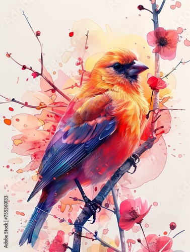 Beautiful colorful bird with flowers with iridescent opalescent colours style