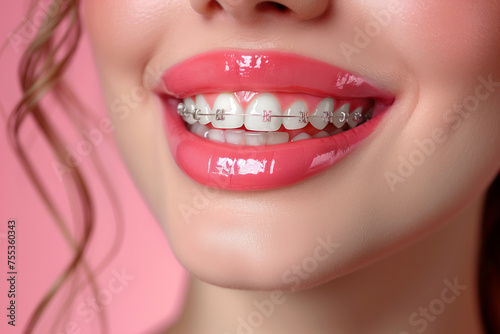 Close-up of woman's smile with pink lipstick, straight white teeth and braces, dental care concept