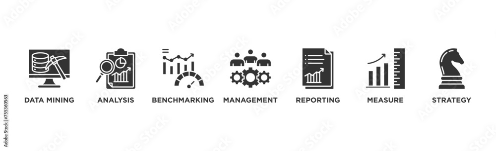 Business intelligence banner web icon illustration concept with icon of data mining, analysis, benchmarking, management, reporting, measure, and strategy
