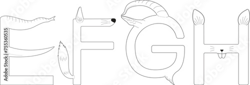 E F G H animal alphabet character design, doodle hand drawn abc vector design