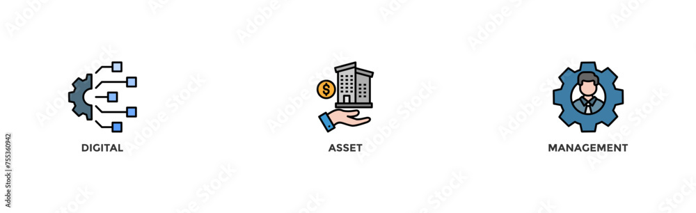 Dam banner web icon illustration concept of digital asset management with icon of binary, automation, processing, design, data, network, and connection	
