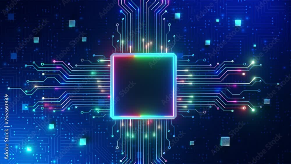A vibrant neon microchip integrated into a complex digital circuit board, symbolizing high-tech electronics and computing.
