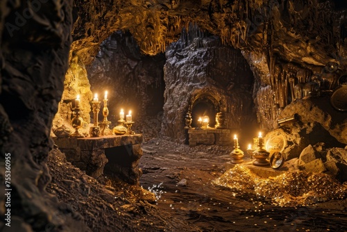 Cave of Wonders Filled with Gold- Set inside a vast cave brimming with gold coins, gem-encrusted goblets, and priceless artifacts, lit by the glow of torches created with Generative AI Technology