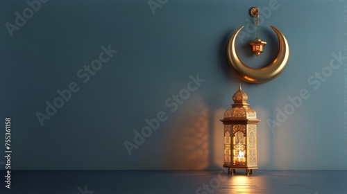 holographic ramadan kareem lantern crescent moon, generative ai