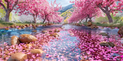 cherry blossoms cover the entire background, clear stream water, no cherry blossoms in the stream water, pebbles in the water, infinite details, rich details, meticulous description, cg rendering