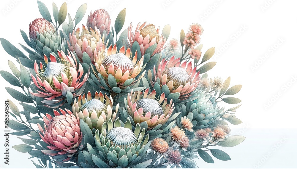 Fototapeta premium Watercolor illustration of Waratah Protea flowers