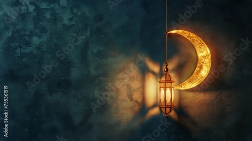 holographic ramadan kareem lantern crescent moon, generative ai
