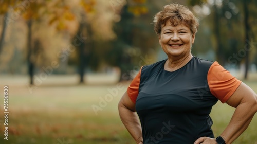 smiling overweight caucasian senior sportswoman with hands on waist