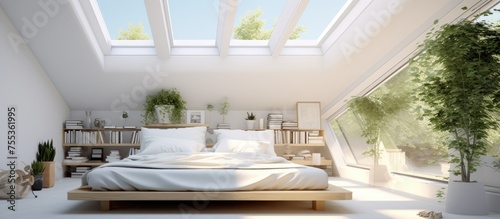 A bedroom featuring a skylight directly above the bed  allowing natural sunlight to illuminate the room. The white walls create a clean and bright atmosphere  with the bed as the central focus.