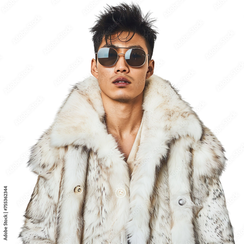 Front view mid-body shot of a male Asian model sporting a chinchilla fur coat with sunglasses against a white transparent backdrop Front view mid-body shot of a male Asian model sporting a chinchilla fur coat with sunglasses against a white transparent backdrop