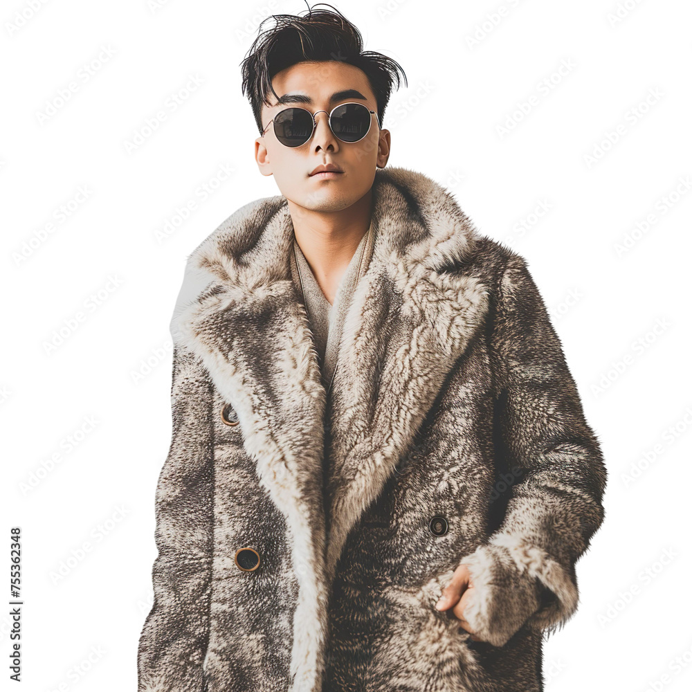 Front view mid-body shot of a male Asian model sporting a tweed fur coat with sunglasses against a white transparent backdrop Front view mid-body shot of a male Asian model sporting a tweed fur coat with sunglasses against a white transparent backdrop