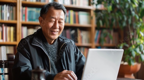 a mature smiling chinese man is working at a laptop