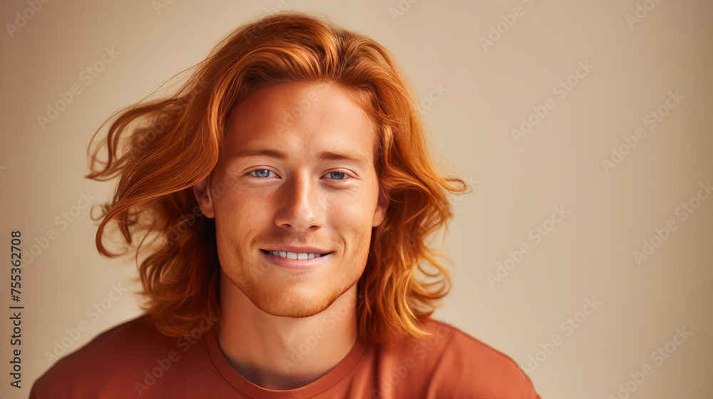 Handsome young male guy smile Asian with long red hair, on creamy beige background, banner, copy space, portrait. Handsome young male guy smile Asian with long red hair, on creamy beige background, banner, copy space, portrait.