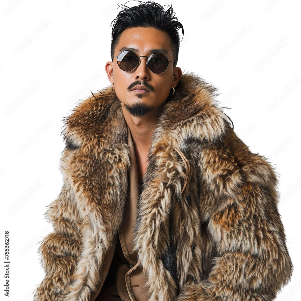 Front view mid-body shot of a male Asian model sporting a coyote fur coat with sunglasses against a white transparent backdrop Front view mid-body shot of a male Asian model sporting a coyote fur coat with sunglasses against a white transparent backdrop