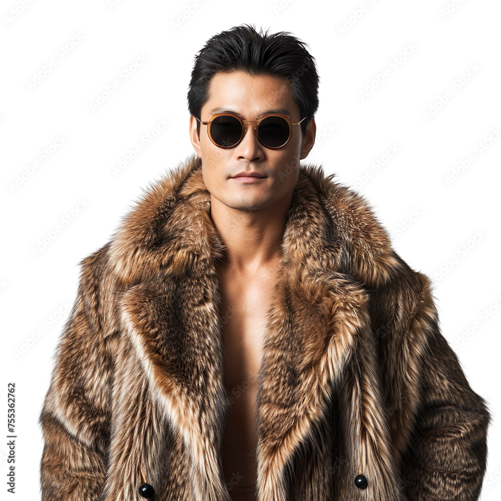 Front view mid-body shot of a male Asian model sporting a sable fur coat with sunglasses against a white transparent backdrop Front view mid-body shot of a male Asian model sporting a sable fur coat with sunglasses against a white transparent backdrop