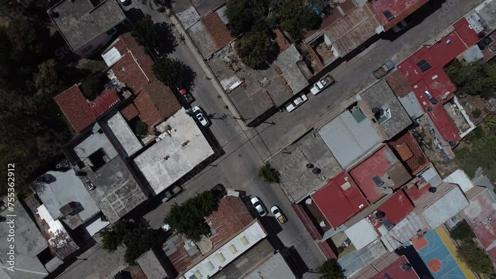 Etzatlán, México. Aerial shot, Drone. cenital shot. Travelling over a street in a small town near Guadalajara, Jalisco.