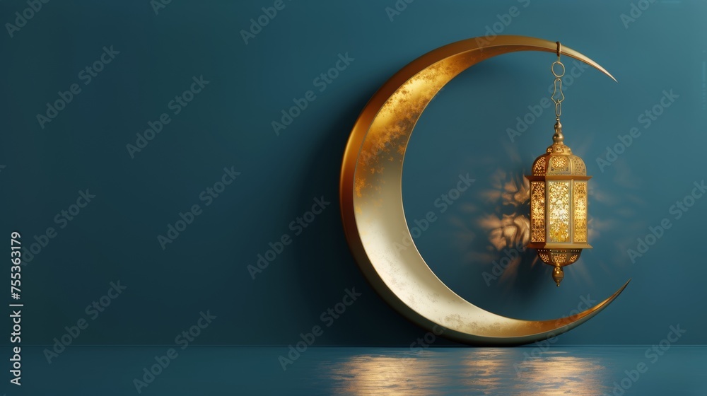 holographic ramadan kareem lantern crescent moon, generative ai