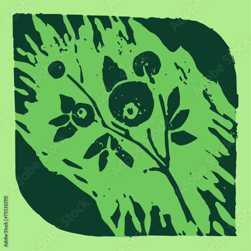Linocut illustration of red bilberry icon. Vector cowberry drawing with linoleum print texture. Red Bilberry logo design. Redberry symbol design. Engraved floral drawing. Organic berries sign.